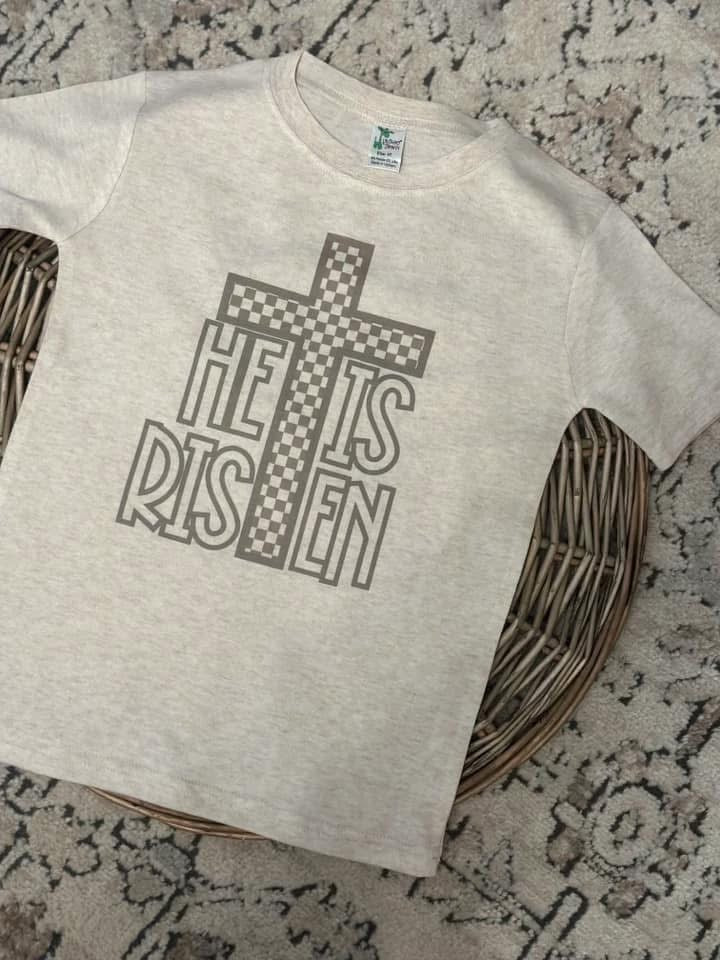 He is Risen Tan Check Cross