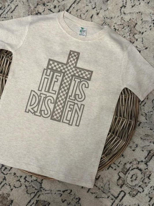 He is Risen Tan Check Cross