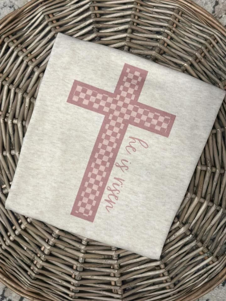He is Risen Pink Check Cross