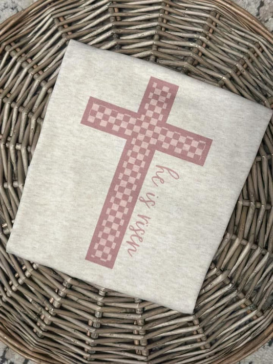 He is Risen Pink Check Cross