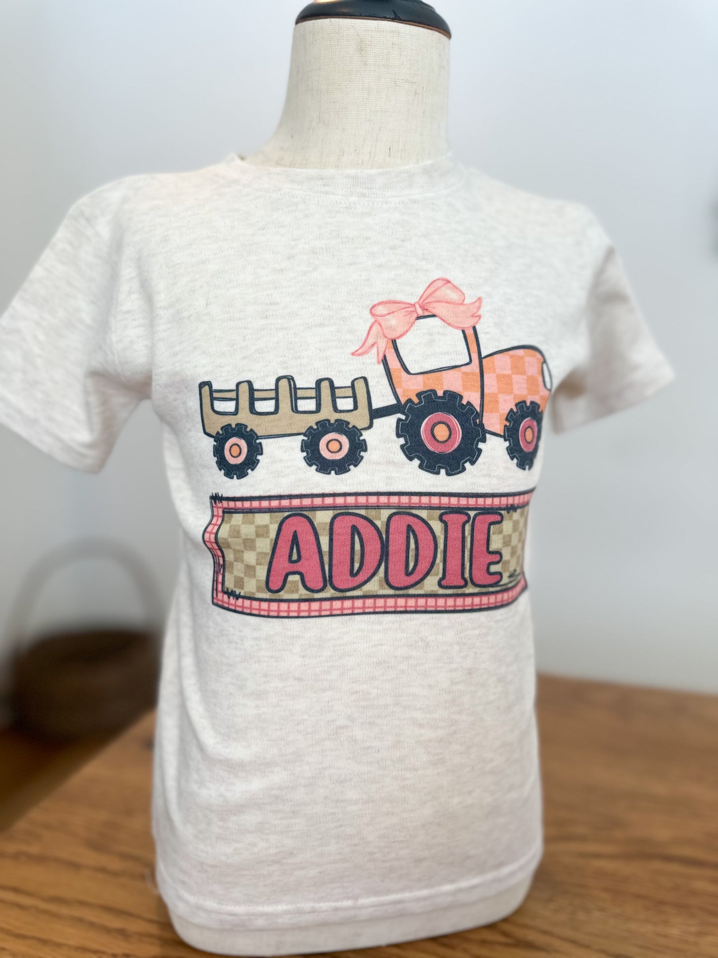Custom Name Pink Orange Check Tractor