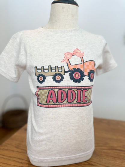 Custom Name Pink Orange Check Tractor