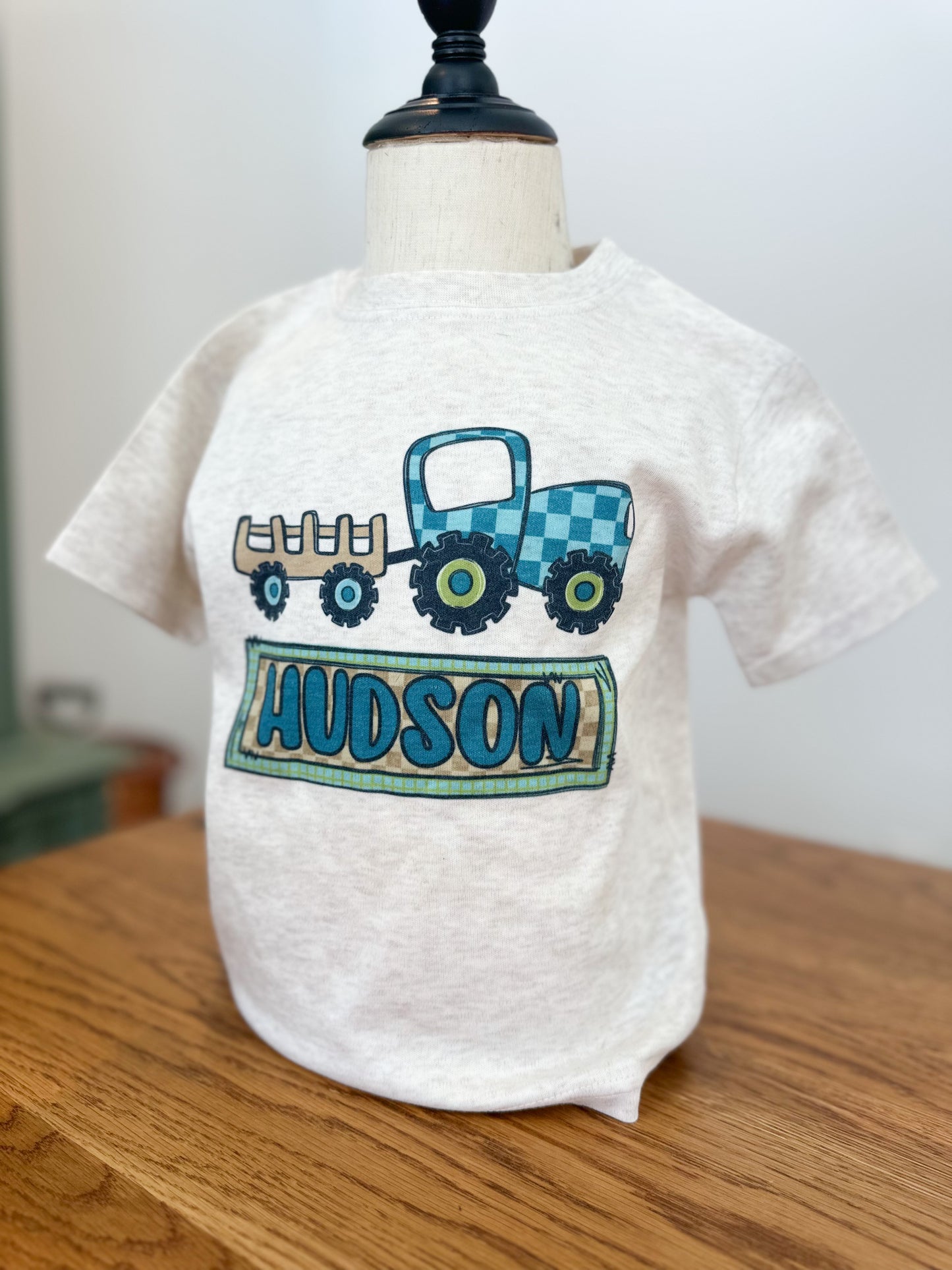 Custom Name Green Blue Check Tractor