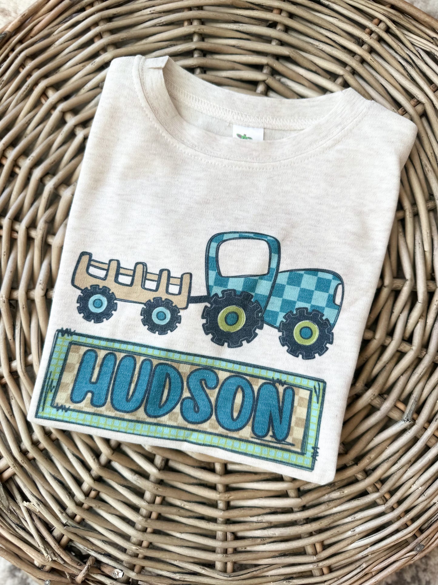 Custom Name Green Blue Check Tractor