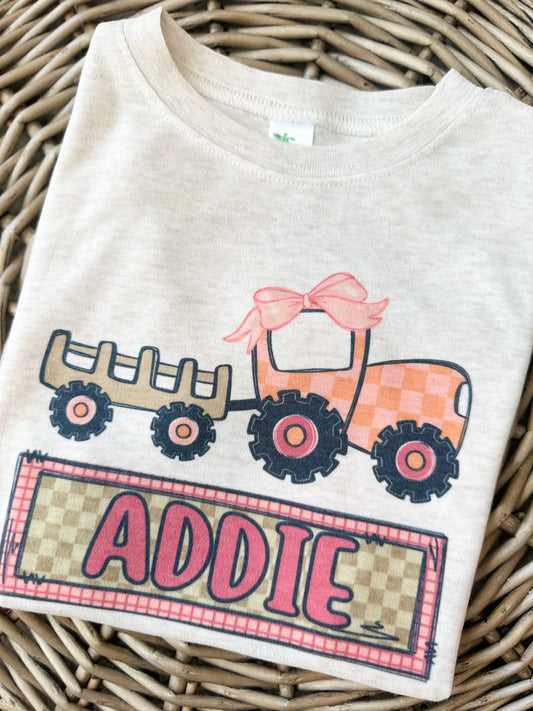 Custom Name Pink Orange Check Tractor